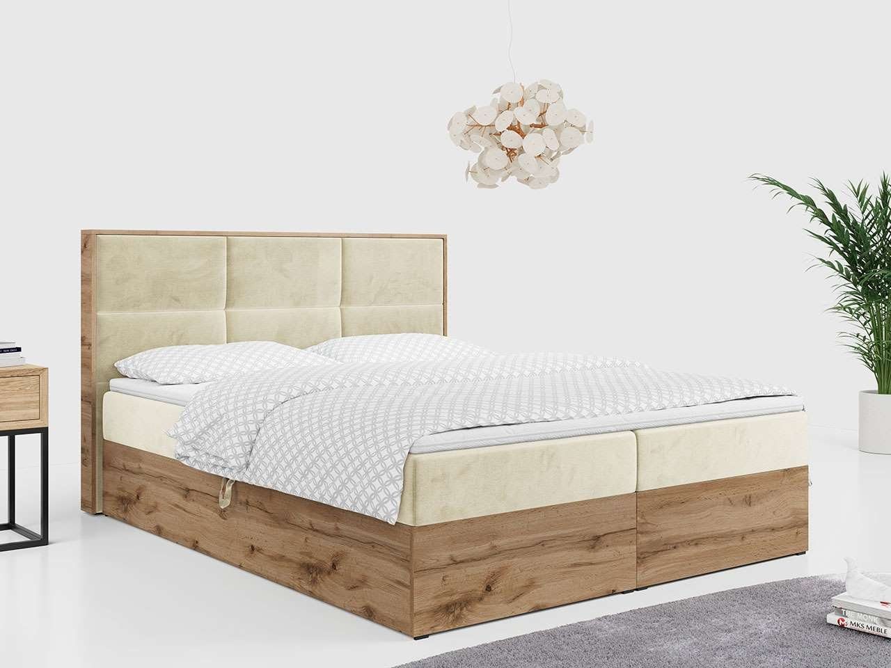 MKS MÖBEL Boxspringbett ALBERO 2, Doppelbett, mit Eiche Holzrahmen, MultipocketMatratze, mit